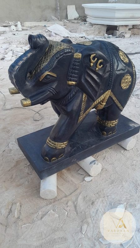 Royal Black Elephant (Gold Painted) — hand-carved Makrana marble Elephants & Lions for home by Vardaan Arts