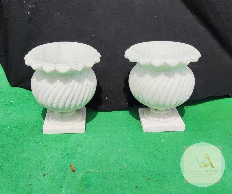Swirl Pot Pair on Square Bases — hand-carved Makrana marble Flower Pots for home by Vardaan Arts