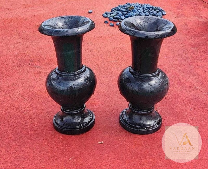 Midnight Black Trumpet Vases — hand-carved Makrana marble Flower Pots for home by Vardaan Arts