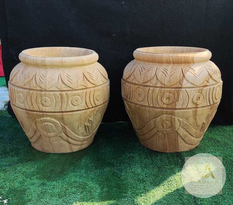 Carved Kalash Planter Pair — hand-carved Makrana marble Flower Pots for home by Vardaan Arts