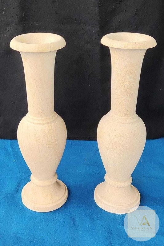 Ivory Trumpet Vase Pair — hand-carved Makrana marble Flower Pots for home by Vardaan Arts