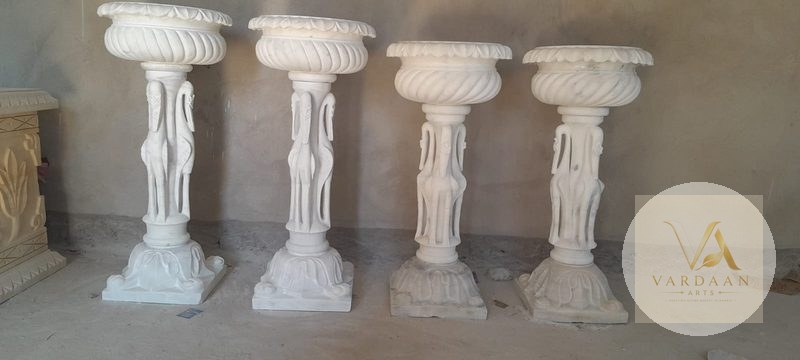 Swan-Base Pedestal Planters (Set of 4) — hand-carved Makrana marble Flower Pots for home by Vardaan Arts
