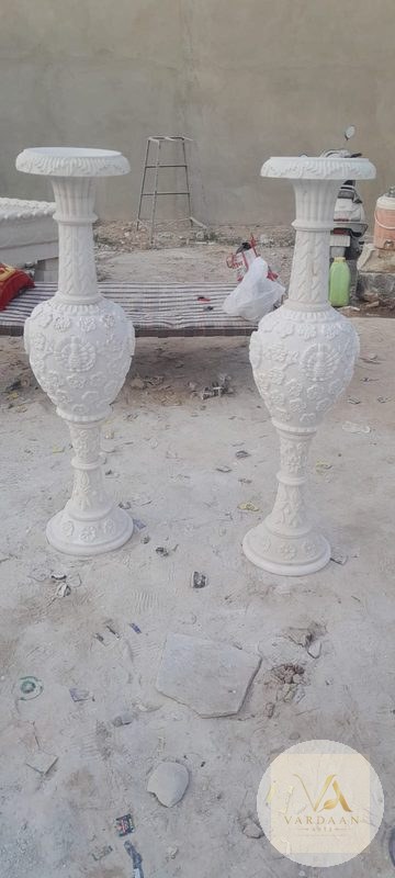 Floral Carved Urn Pair (Makrana White) — hand-carved Makrana marble Flower Pots for home by Vardaan Arts