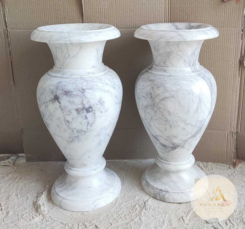 Tall Veined Marble Vase Pair — hand-carved Makrana marble Flower Pots for home by Vardaan Arts