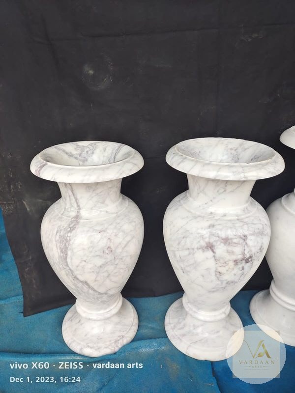 Classic Veined Marble Vases — hand-carved Makrana marble Flower Pots for home by Vardaan Arts