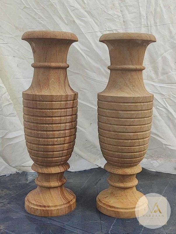 Golden Ribbed Sandstone Vases — hand-carved Makrana marble Flower Pots for home by Vardaan Arts