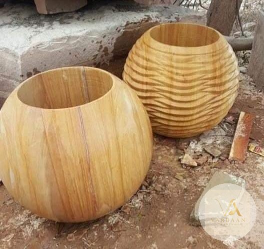 Teak-Grain Round Planters — hand-carved Makrana marble Flower Pots for home by Vardaan Arts