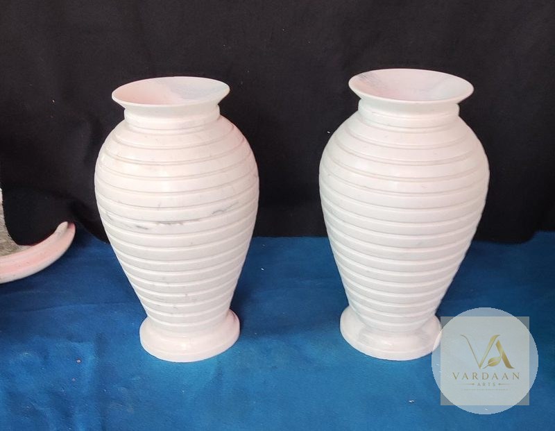White Ribbed Vase Pair — hand-carved Makrana marble Flower Pots for home by Vardaan Arts