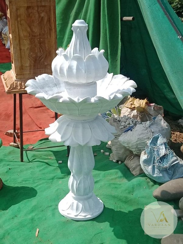Lotus Petal Tiered Fountain — hand-carved Makrana marble Fountains for home by Vardaan Arts