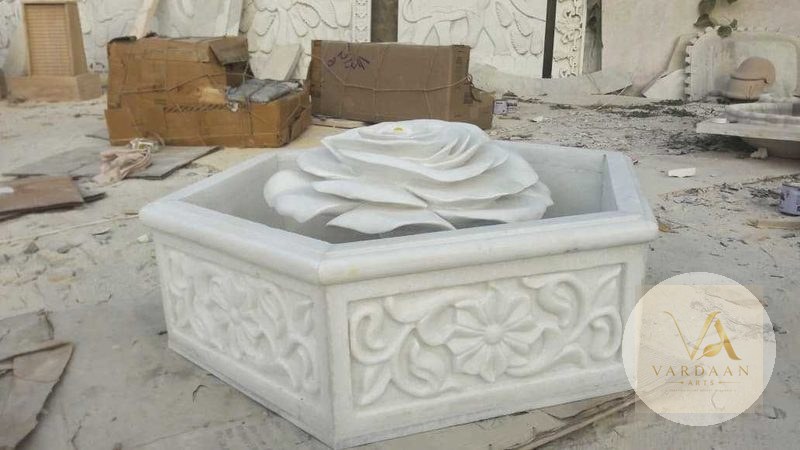 Marble Rose Bloom Water Feature — hand-carved Makrana marble Fountains for home by Vardaan Arts