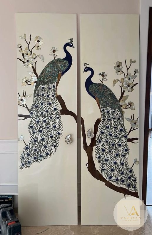 Twin Peacock Wall Doors — hand-carved Makrana marble Inlay Work Art for home by Vardaan Arts