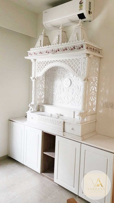 Tri-Shikhar Jali Mandir — hand-carved Makrana marble Indoor Temples for home by Vardaan Arts