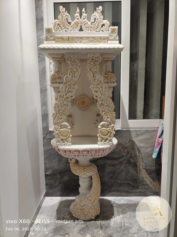 Peacock Pillar Golden Mandir — hand-carved Makrana marble Indoor Temples for home by Vardaan Arts