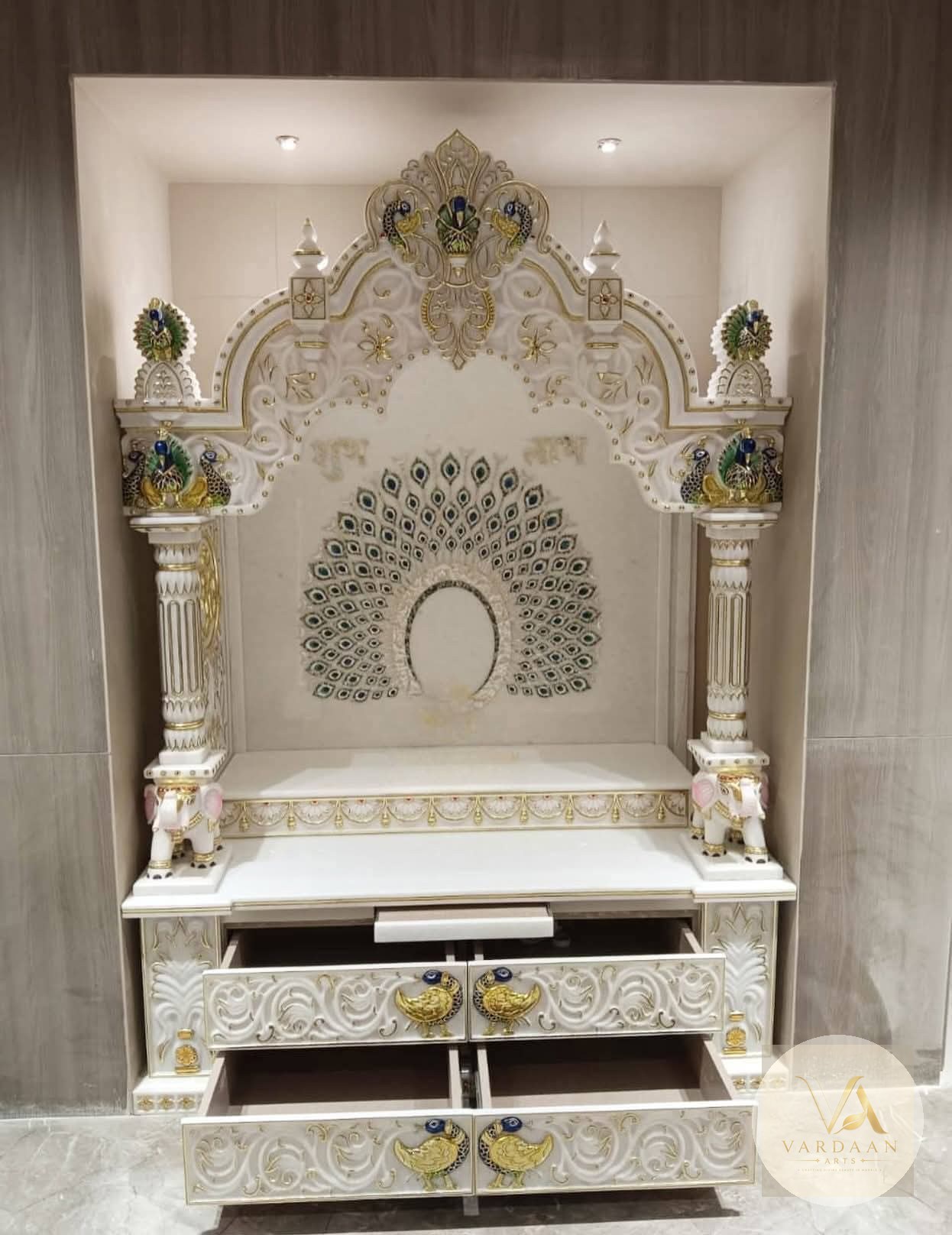Mayur Toran Mandir (Hand-Painted) — hand-carved Makrana marble Indoor Temples for home by Vardaan Arts