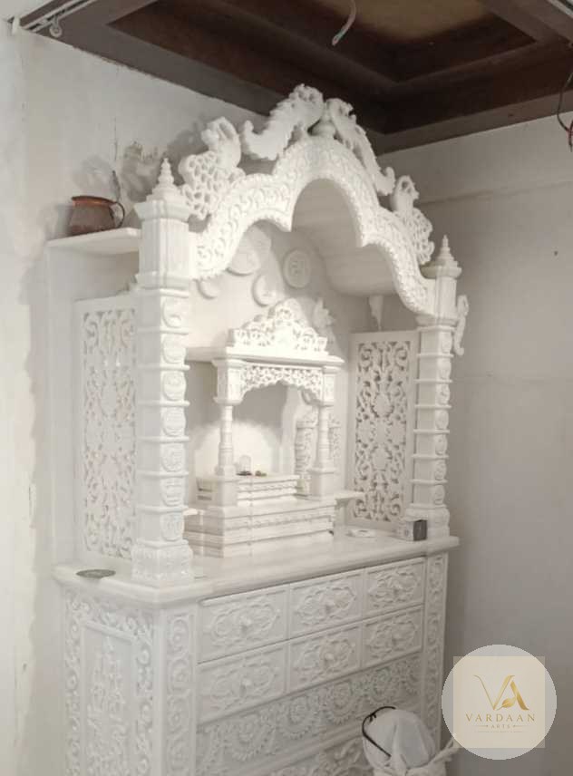 Double-Arch Jali Mandir — hand-carved Makrana marble Indoor Temples for home by Vardaan Arts