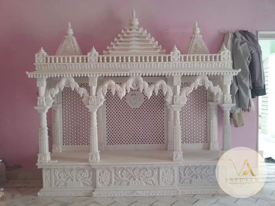 Tri-Shikhar Om Jali Mandir — hand-carved Makrana marble Indoor Temples for home by Vardaan Arts