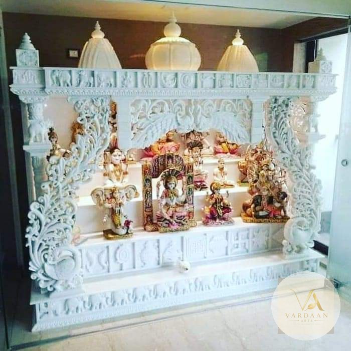 Peacock Pillar Dev-Sthali — hand-carved Makrana marble Indoor Temples for home by Vardaan Arts