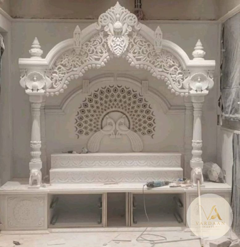 Peacock Kalash Temple — hand-carved Makrana marble Indoor Temples for home by Vardaan Arts