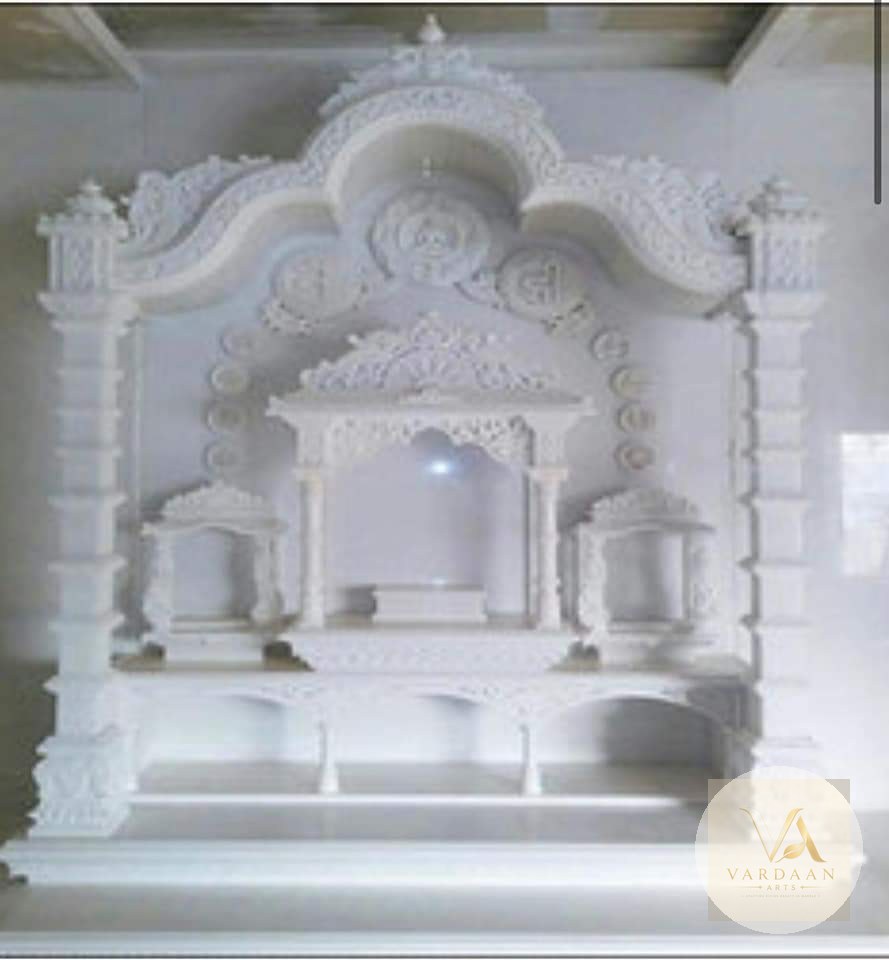 Om-Swastik Triple Shrine Mandir — hand-carved Makrana marble Indoor Temples for home by Vardaan Arts