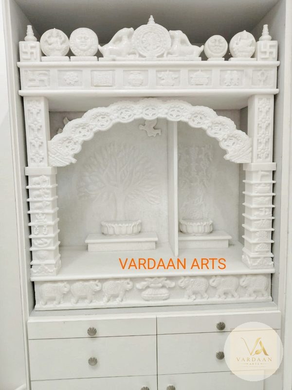 Peacock Halo Mandir with Elephant Base — hand-carved Makrana marble Indoor Temples for home by Vardaan Arts