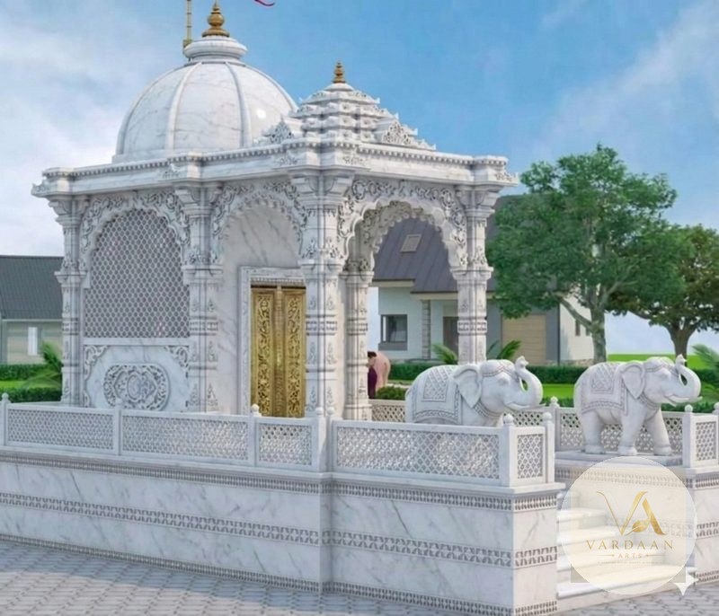 Elephant Guardian Mandir — hand-carved Makrana marble Outdoor Temples for home by Vardaan Arts