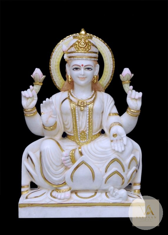 Maa Lakshmi (Gold Finish) — hand-carved Makrana marble Statues for home by Vardaan Arts