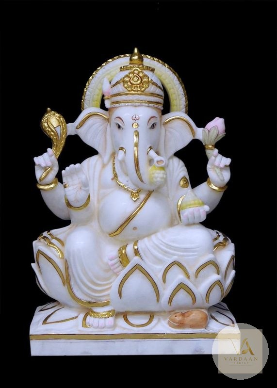 Shree Ganesh (Gold Finish) — hand-carved Makrana marble Statues for home by Vardaan Arts