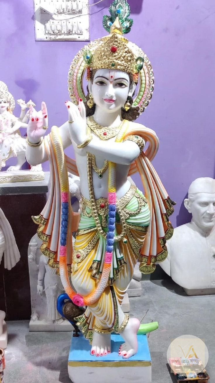 Murlidhar Krishna (Full Colour) — hand-carved Makrana marble Statues for home by Vardaan Arts