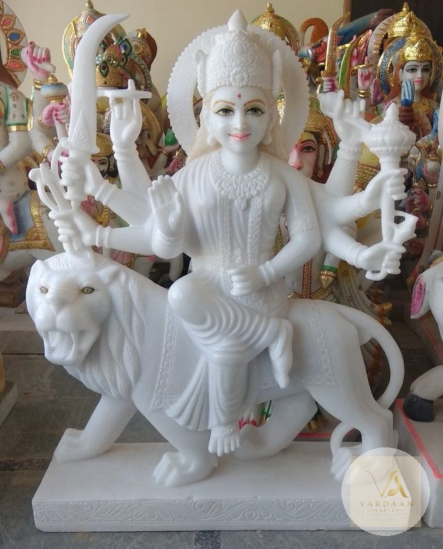 Maa Durga on Simha — hand-carved Makrana marble Statues for home by Vardaan Arts