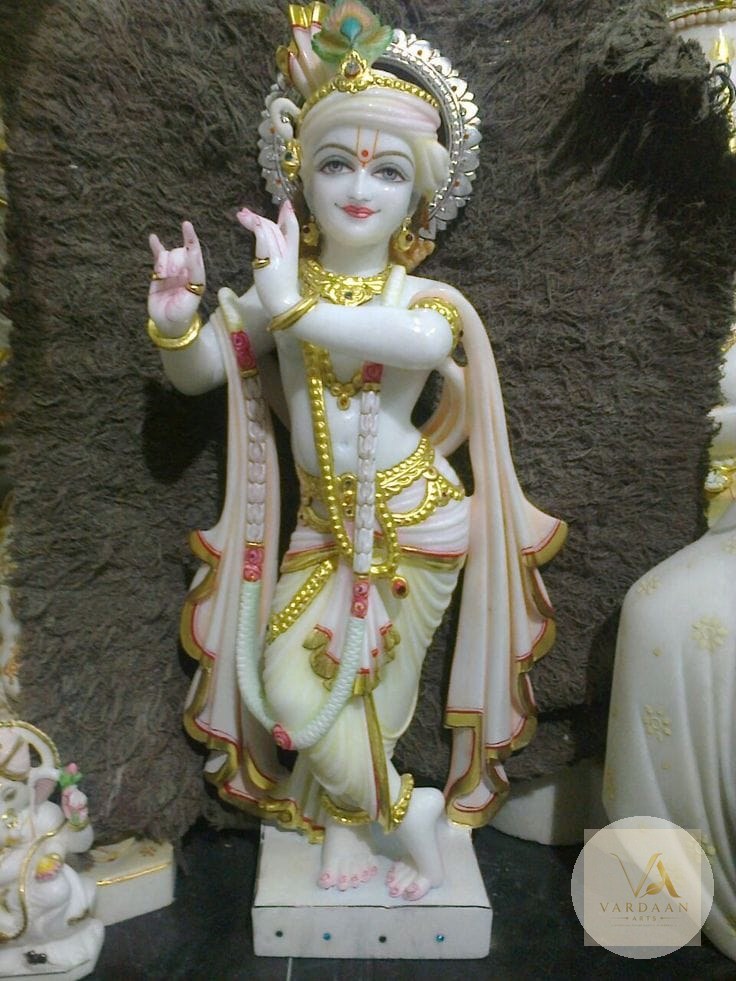 Murlidhar Krishna (Gold & Ivory) — hand-carved Makrana marble Statues for home by Vardaan Arts