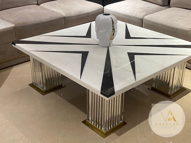 Star Compass Marble Table — hand-carved Makrana marble Table Tops for home by Vardaan Arts