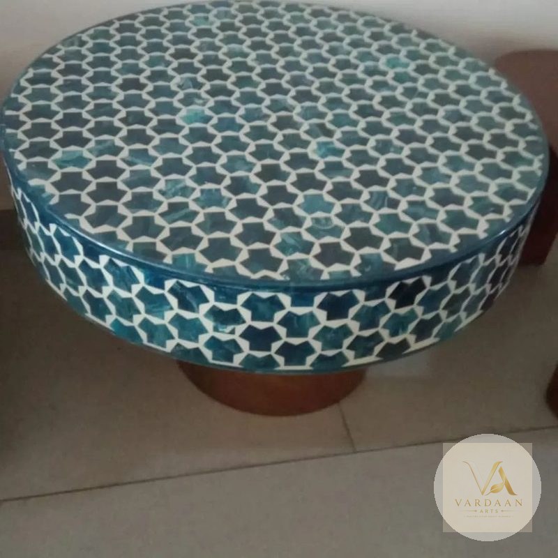 Teal Honeycomb Inlay Table — hand-carved Makrana marble Table Tops for home by Vardaan Arts