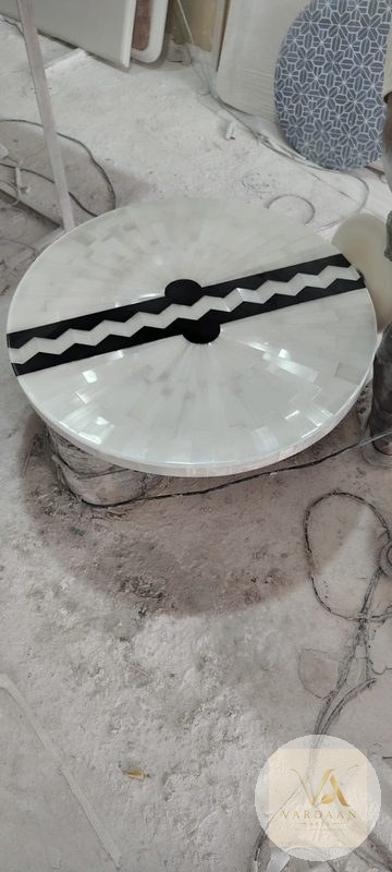 Mother-of-Pearl Chevron Table — hand-carved Makrana marble Table Tops for home by Vardaan Arts