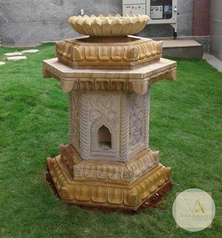 Lotus Crown Sandstone Tulsi Vrindavan — hand-carved Makrana marble Tulsi Vrindavan for home by Vardaan Arts