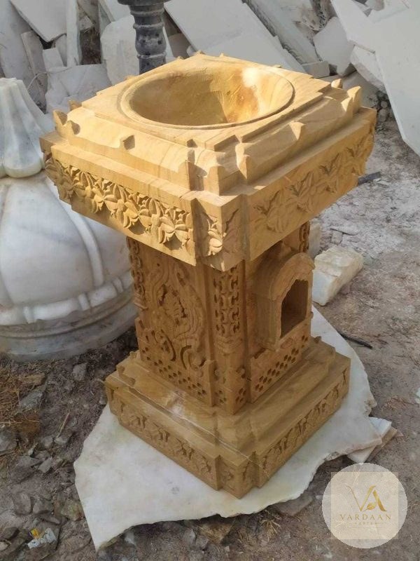 Golden Floral Sandstone Tulsi Vrindavan — hand-carved Makrana marble Tulsi Vrindavan for home by Vardaan Arts