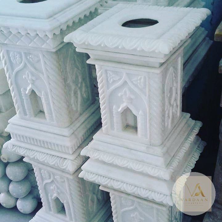Compact Mayur Tulsi Vrindavan — hand-carved Makrana marble Tulsi Vrindavan for home by Vardaan Arts