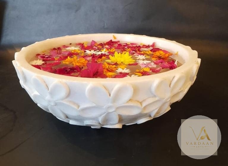 Floral Relief Urli (Large) — hand-carved Makrana marble Marble Urlis for home by Vardaan Arts