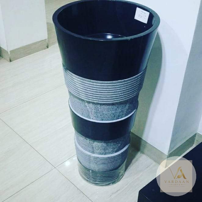 Banded Black Textured Basin — hand-carved Makrana marble Wash Basins for home by Vardaan Arts