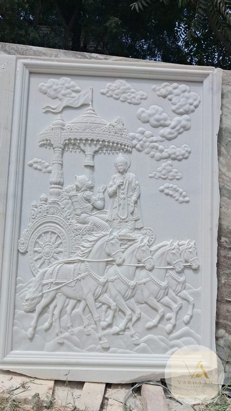 Geeta Updesh Rath Panel (3ft × 4ft) — hand-carved Makrana marble Wall Panels for home by Vardaan Arts