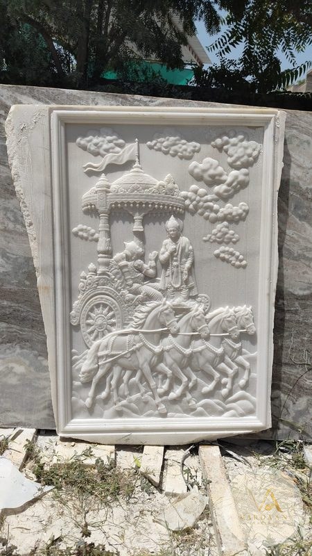 Krishna-Arjuna Rath Panel — hand-carved Makrana marble Wall Panels for home by Vardaan Arts