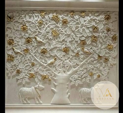 Kalpavriksha with Kamadhenu — hand-carved Makrana marble Wall Panels for home by Vardaan Arts